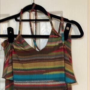 Brown and Blue Strapless Sleeveless Maxi Sundress